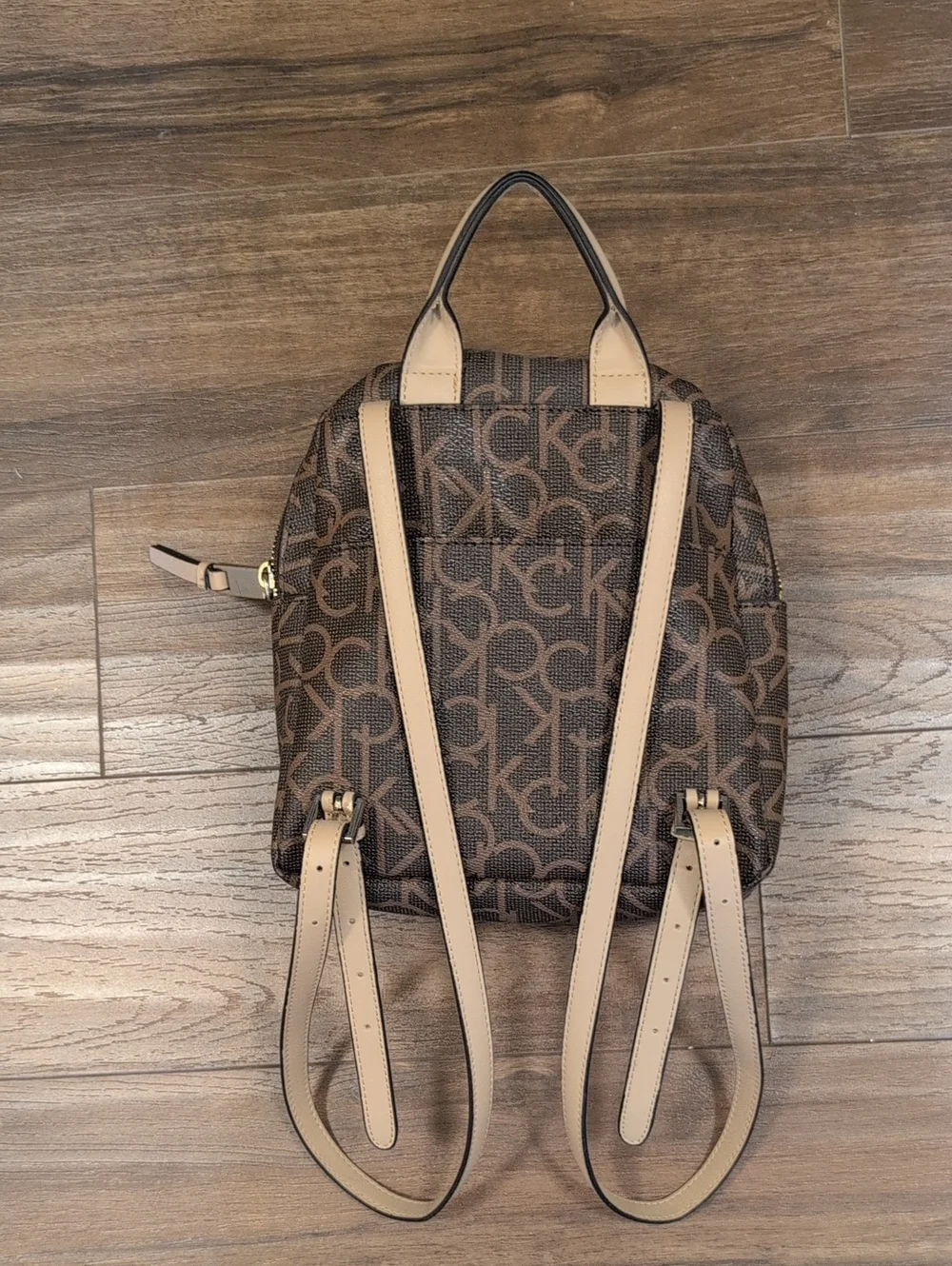 Calvin Klein Brown Monogram Mini Backpack with Tan Handle